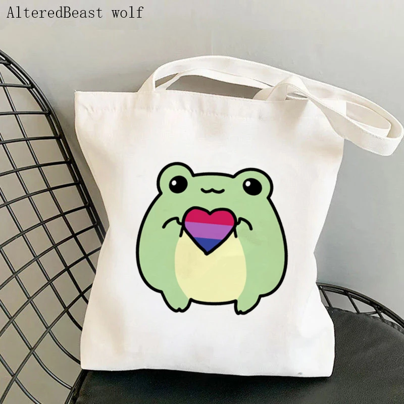 

Women Shopper bag Pride Frogs Bisexual Flag Bag Harajuku Shopping Kawaii Canvas Shopper Bag girl handbag Tote Shoulder Lady Bag