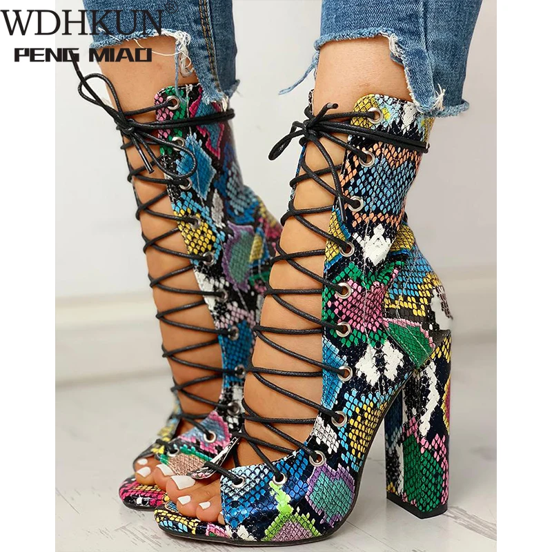 Женские босоножки со змеиным принтом сандалии на платформе и высоком каблуке 10
