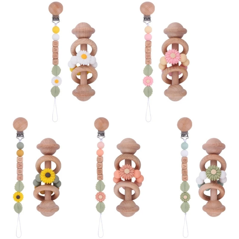 

Pacifier Clip for Boys Girls Baby Wooden Rattle Shake Toy Shower Birthday Gift