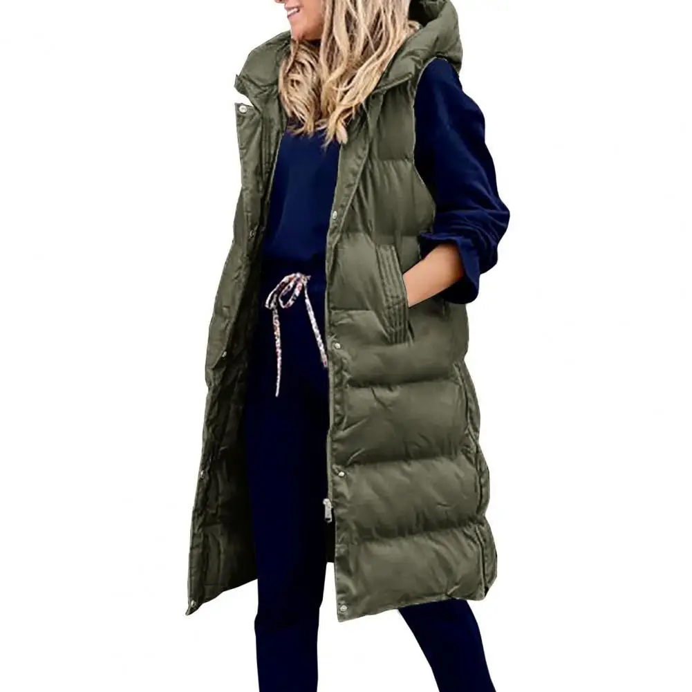 Elegante Vrouwen Down Jas Lange Losse Knoppen Mouwloze Hooded Vest Winter Down Jas Vest Gewatteerde Vest Overjas