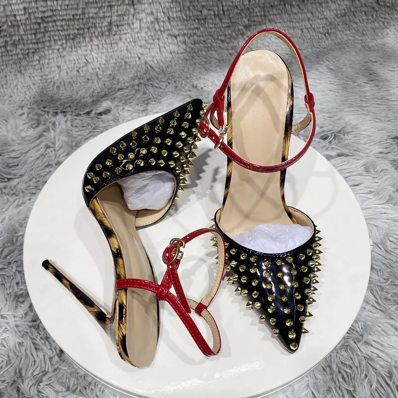 

Sexy Spiked Thin Heels Mixed Colors Sandals Leopard Print Pumps Buckle Straps Zapatos Pointed Toe Shoes Women Slingback Stiletto