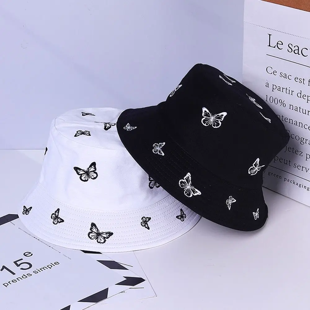 

Summer Womens Butterfly Embroidery Bucket Hat Panama Double-sided Fisherman Hat Casual Sunscreen Beach Cap Panama Fashion