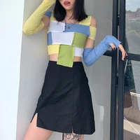 summer casual square collar off shoulder patchwork slim crop top womens clothes fashion sexy knitted high street tee shirt 2021