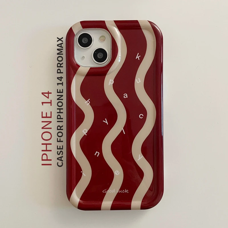 

Applicable to iPhone 14Promax Apple Mobile Phone Soft Case 2023 New Ins Net Red Wave Stripe Retro Red Phone Chain 14Pro 13Promax