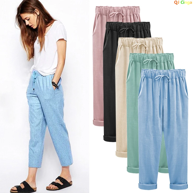 Cotton Linen Pants Elastic Mid Waist Ankle Length Casual Women Loose Spring Pants Female Slacks Big Size M-5XL 6XL 7XL 8XL
