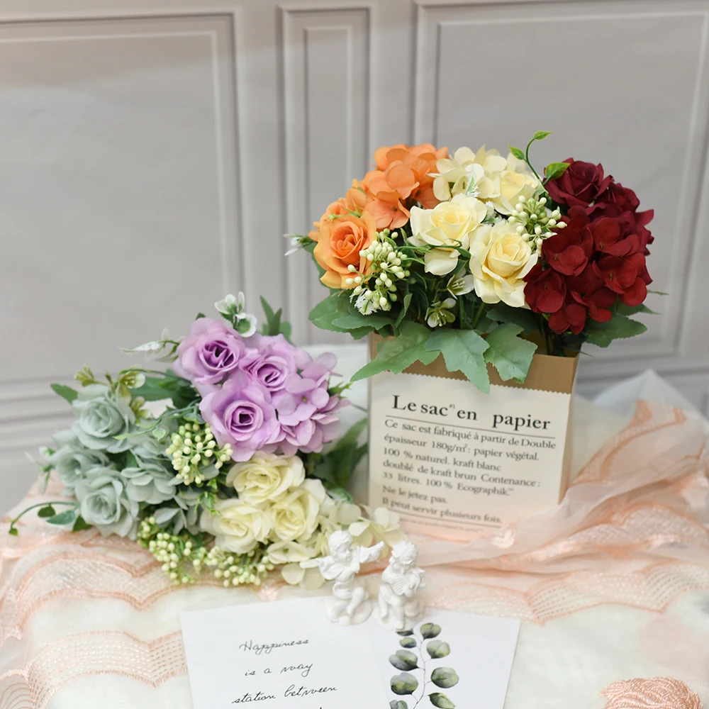 

27Cm High Quality SpunSilk Rose Handmade DIY Artificial Flower Bouquet 3 Flowers 1 Hydrangea MultipleColors Wedding Party Home