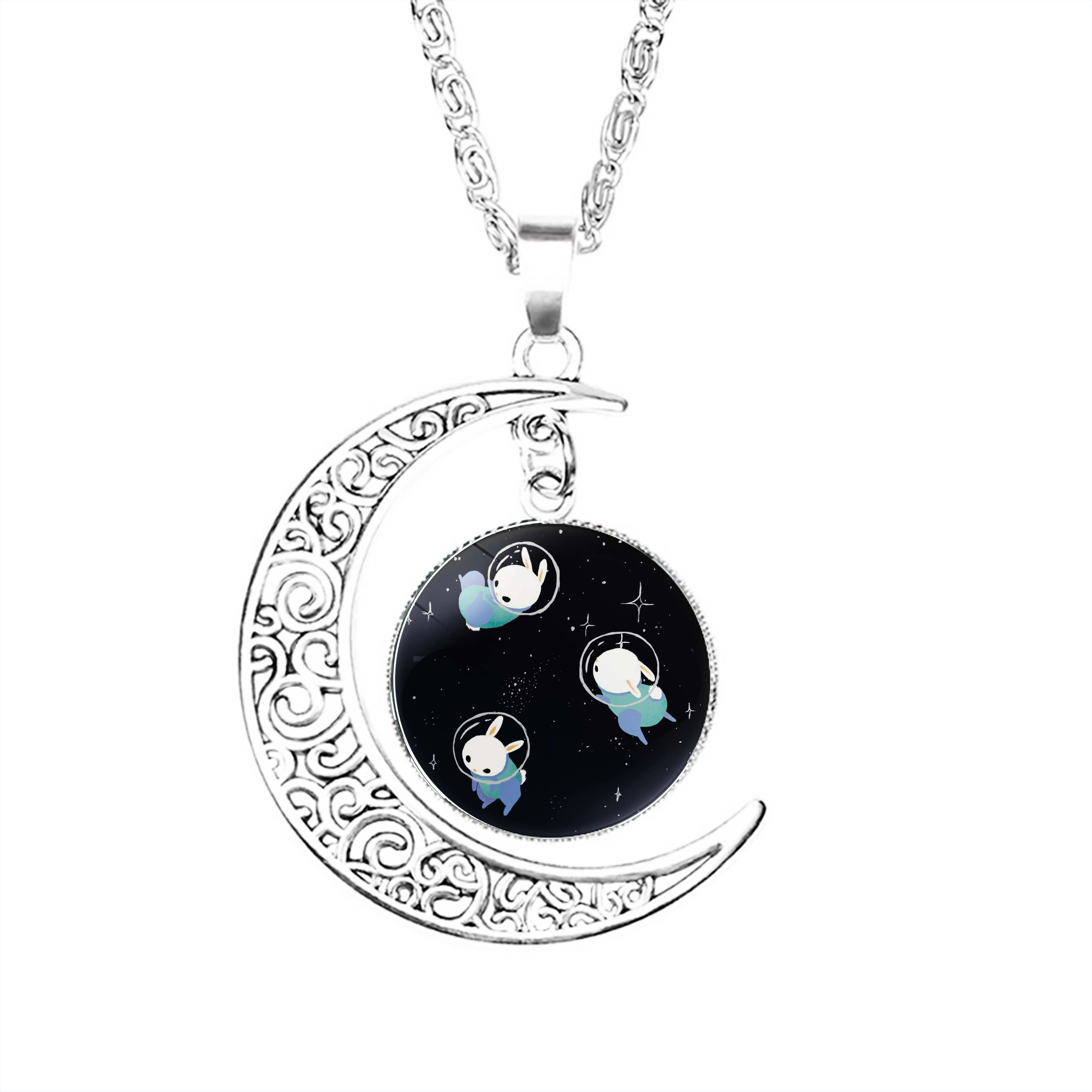 

Ожерелье с космическими кроликами и луной, модные аксессуары из нержавеющей стали для девушек и женщин, стеклянные ювелирные украшения для ...