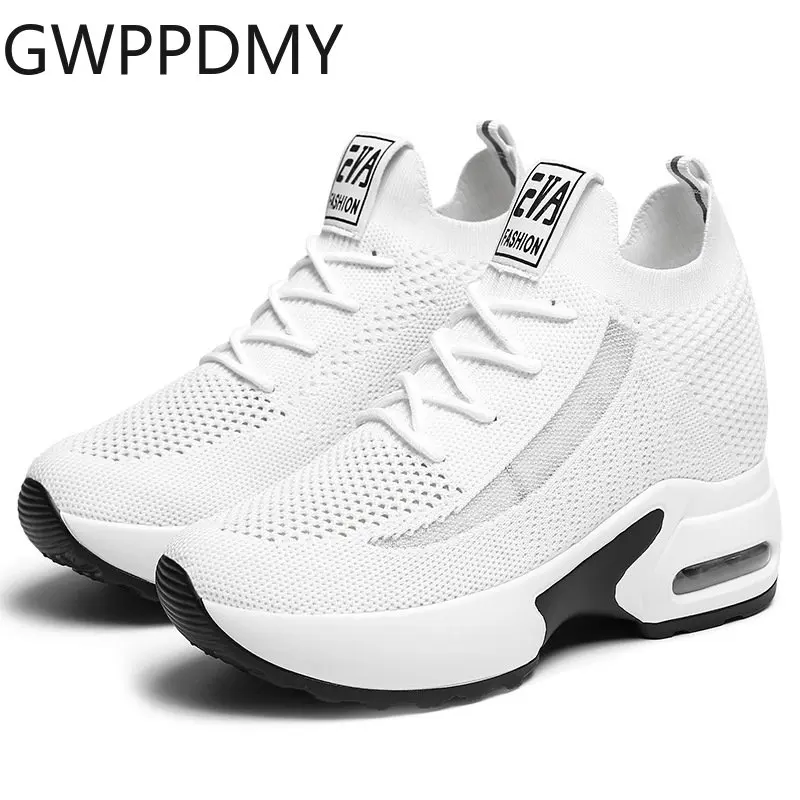 

Women Mesh White Inner Height Increasing Shoes Thick Bottom Fly Weaving Breathable Openwork Casual Sports Women Running Shoe