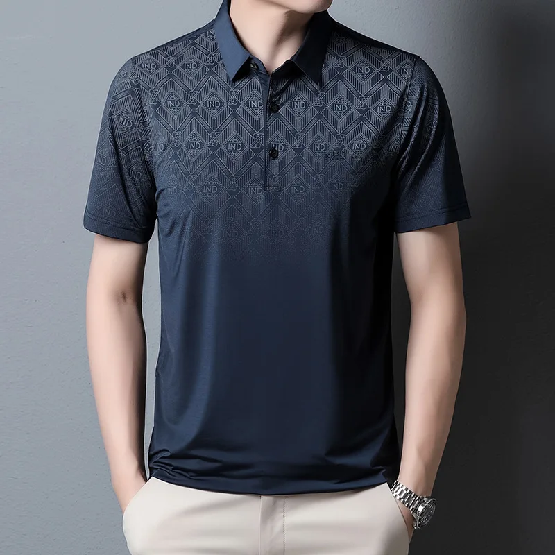 

2023 Summer New Men's Printed Lapel Short Sleeve T-shirt Business Casual Ice Silk Polo Shirt