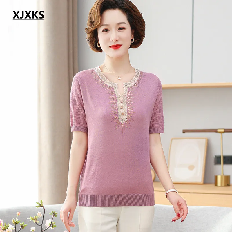 

XJXKS Exquisite Diamond Women Short-sleeved Top 2022 Summer New Loose Large Size Comfortable Casual T-shirt