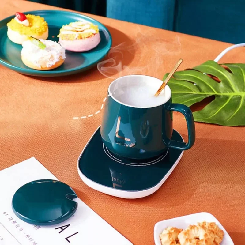 

Green Ceramics Mug Gift Coffee Cup with Lid & Spoon Mugs Bar Drinkware Office Automatic Water Heater Cup Mat Heating Coaster Set