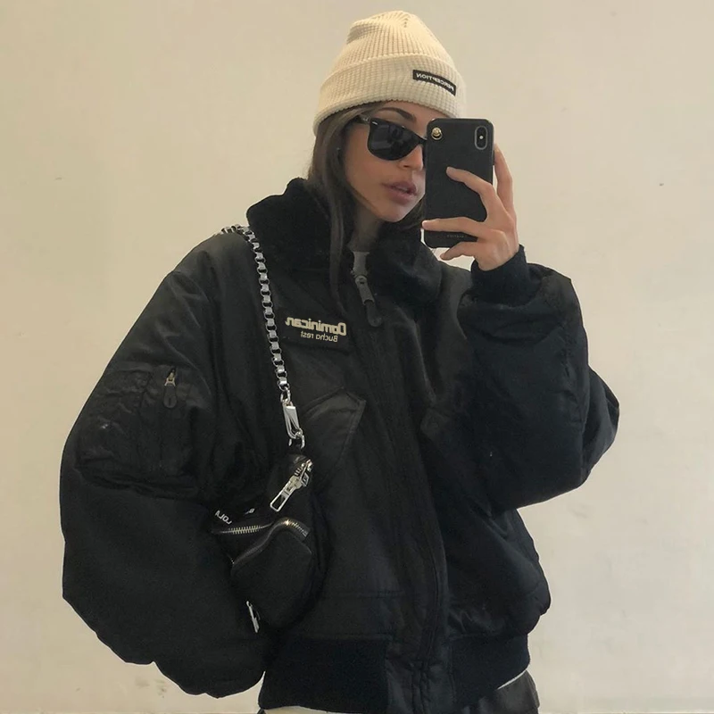 

B-TOTO American Retro Black Lapel Jacket Jacket Women Autumn And Winter Ins Tide Thick Padded Jacket 2021 New Fashion