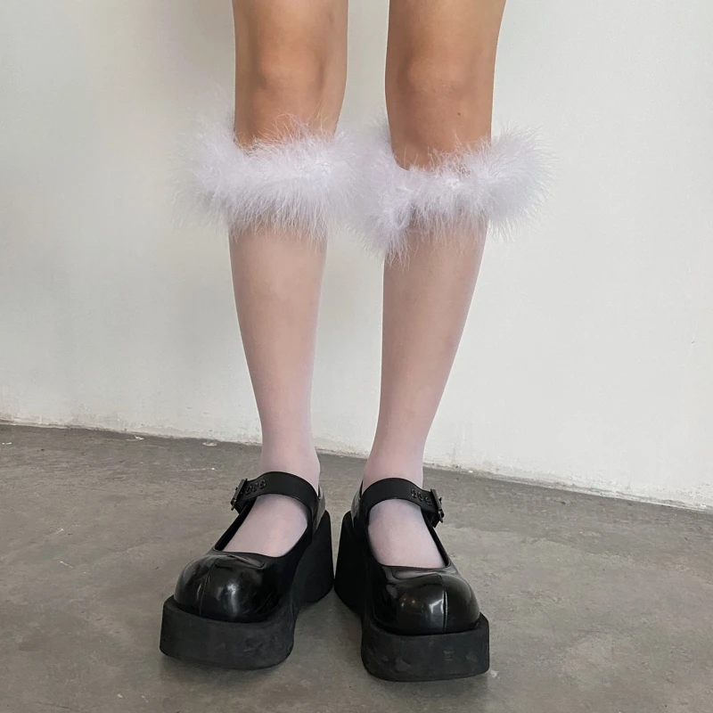 

Women Girls Lolita Silky Thin Knee High Socks Japanese Preppy Style Sweet Furry Faux Feather Trim Cosplay Calf Stockings