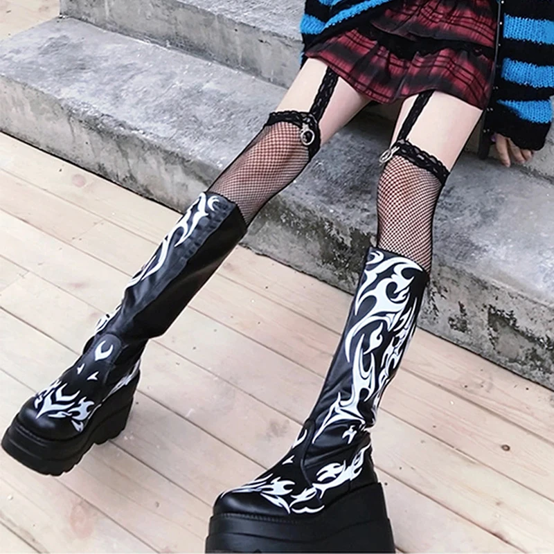 

Brand Design Gothic Black Platform Wedges Motorcycle Boots Street Cool Punk Comfy Walking Women Boots Big Size 43 Woman Shoes
