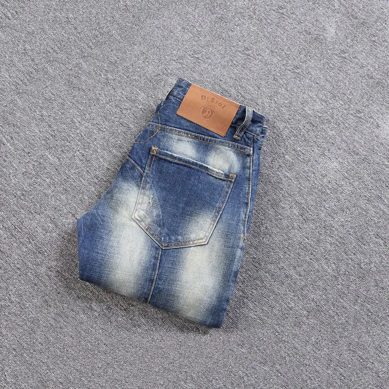 Fashion Spliced Designer Men Jeans Retro Blue Stretch Slim Fit Ripped Biker Jeans Homme Street Hip Hop Pants Men Hole Trousers