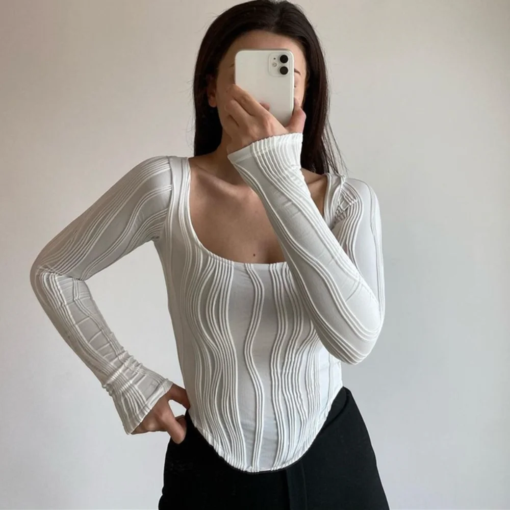 

DreamLullaby Lady's New Summer High Waist French Pleated Vintage Long Sleeve Top U-neck Solid Color Slim Fit T-shirt