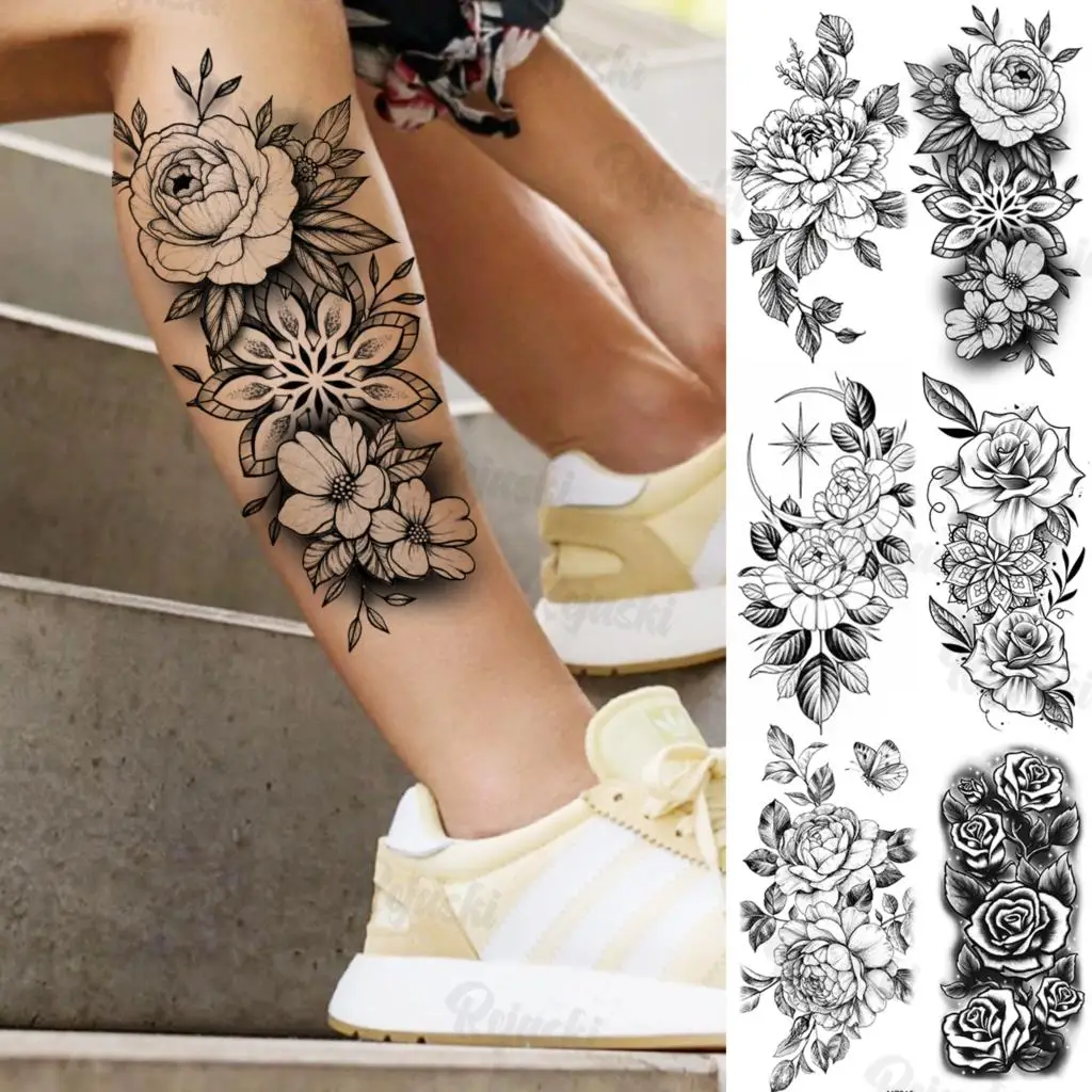 

Mandala Flower Temporary Tattoos For Women Girls Realistic Rose Butterfly Waterproof Flora Fake Tattoo Sticker Leg Arm Tatoos
