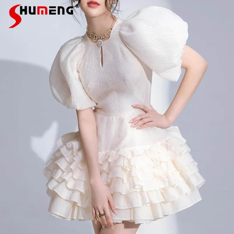 

Sweet Jacquard Puff Short Sleeve Ruffled Pleated Dress Women Crew Neck High Waist Puffy Mini Dress 2022 Summer New Robe Vestidos