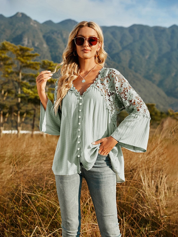 

Sexy V Neck Loose Oversized Lace Blouse Women Long Sleeve Solid Color Tops Beach Casual Sexy Street Buttoned Shirts Blusas Mujer
