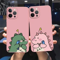 hot cute couples dinosaur phone case for iphone 13 12 11 pro max xsmax xr x 8 7 plus pink liquid silicon soft bumper back cover
