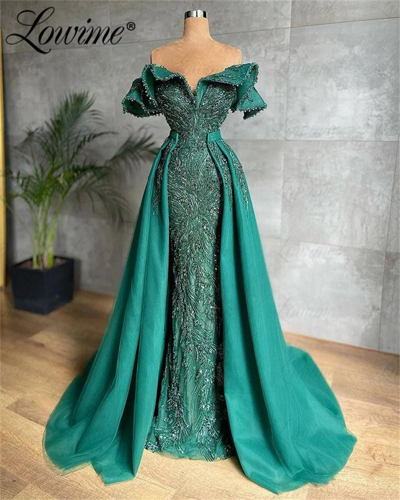 

Green Prom Dresses With Detachable Train 2023 Custom Made Beaded Sequins Long Evening Dress Arabic Off The Shoulder Party Gowns