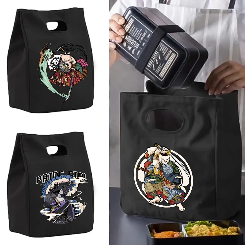 For Women Fridge Pouch Food Tote Cooler Handbags For Work Canvas Picnic Box Samurai Pattern