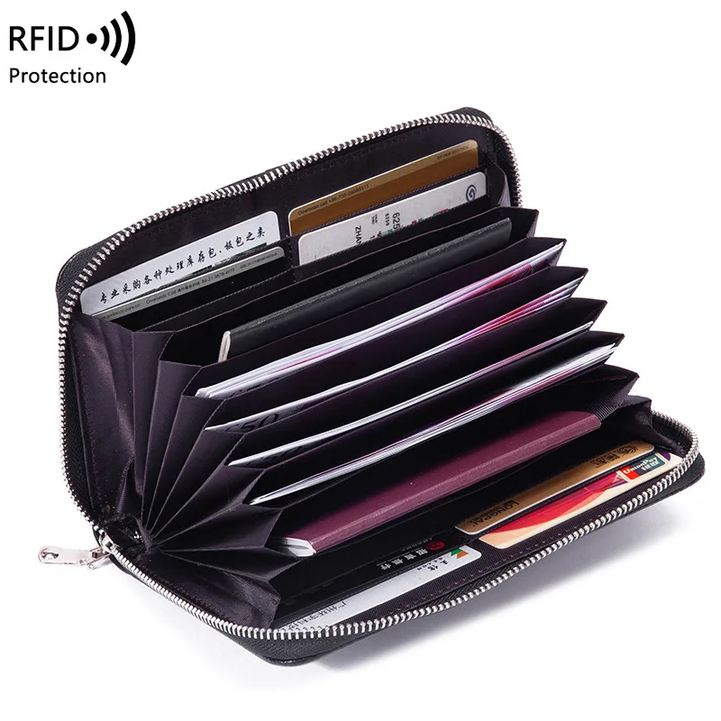 Aliwood 2022 Genuine Cowhide Leather Women's Wallet Large Capacity RFID Zipper Long Female Purse Clutch Document Bag Card Holder