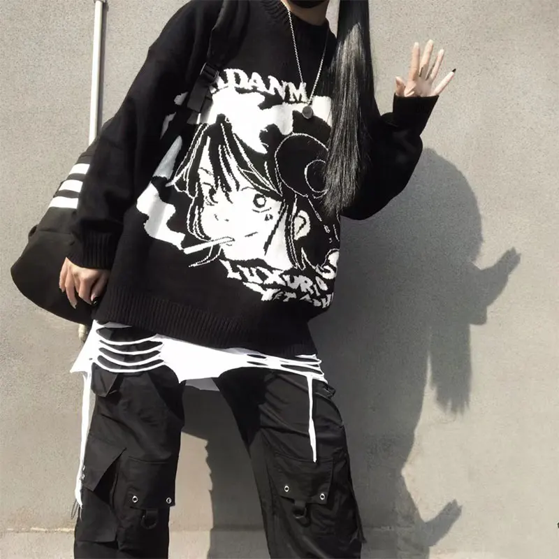 

2022 Autumn Japanese Sweaters Women Clothes Vintage Harajuku Oversized Fashion Pullover Streetwear Goth Print Black Knit Sweater