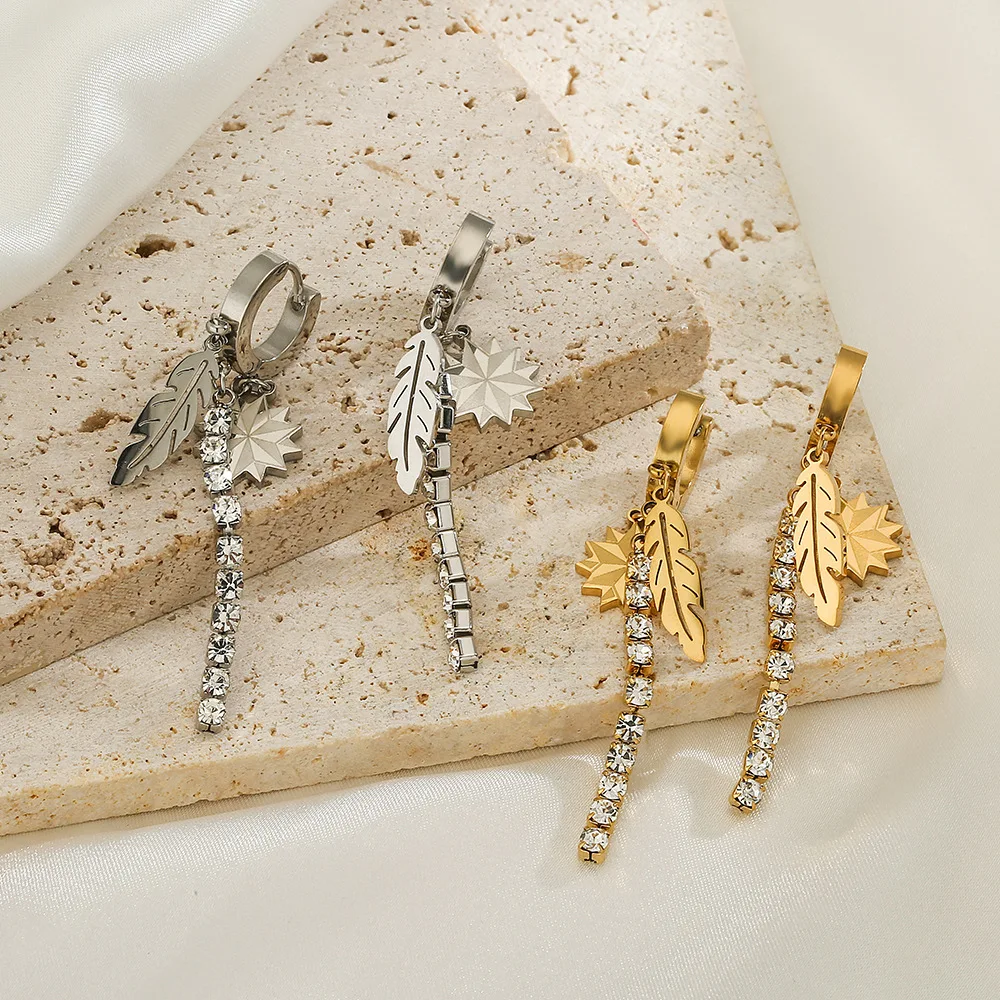 

New Stylish Personality Stainless Steel Earrings INS Feather Stars Simple Zircon Fringe Vintage Earrings For Women Gift