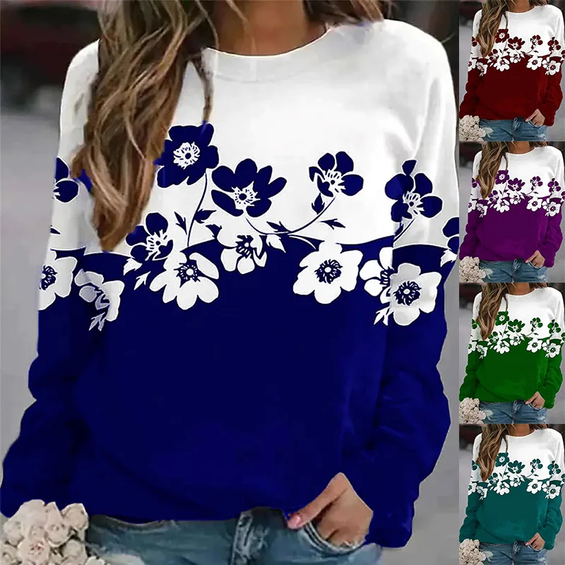 

2022 New Everyday Vintage T-shirt Round Neck Loose Top Elegance Long Sleeve Autumn Winter Women's Floral Print Pullover Sweater