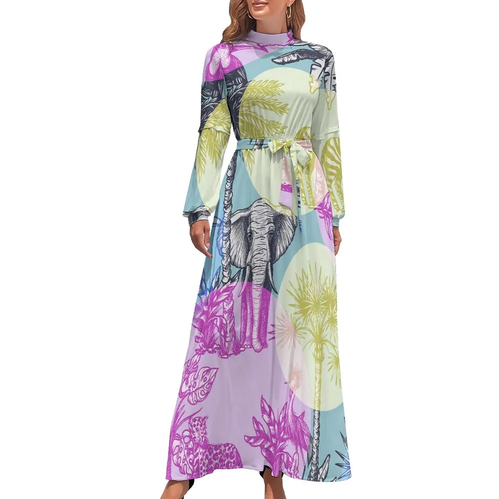 

Elephant Wildlife Dress Cheetah Zebra Palm Print Elegant Pattern Maxi Dress Woman Long-Sleeve Street Fashion Beach Long Dresses
