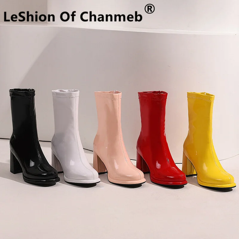 

LeShion Of Chanmeb Size 32-43 Women PU Patent Leather Boots Solid Red Yellow Pink High Heel Round Toe Boot Lady Fall Winter Shoe
