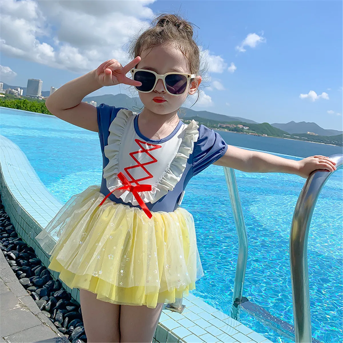 

Baby Swimwear Girl Princess Skirt Tutu Mesh Dress Swimsuit One-piece and Cap Set Children Girls Summer Bathing Suit Beach Wear