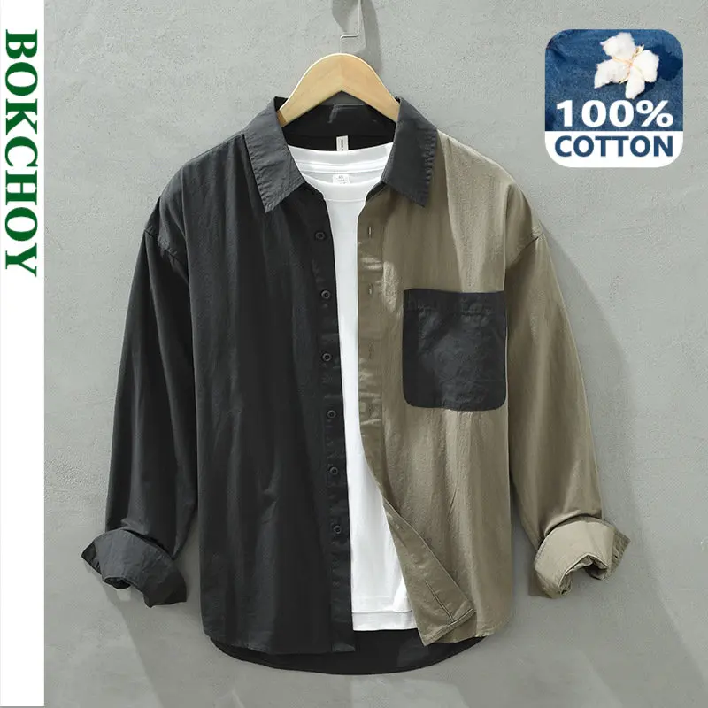 

2022 Autumn Winter New Men Retro Long-sleeved Shirt Stitching Fashion Trend Comfortable Loose Casual Army Green Top C2125