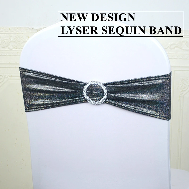 

Black Color Laser Sequin Spandex Chair Band Banquet Chairs Cover Sash Tie Bow For Wedding Event Party Decoration