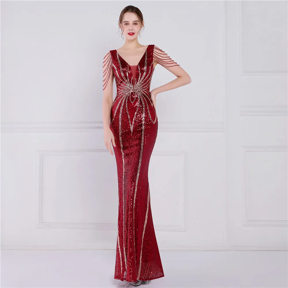 

New Women Elegant Double V-neck Beading Evening Dress Sexy Mermaid Sequin 2022 Women Floor length Party Dress Vestidos
