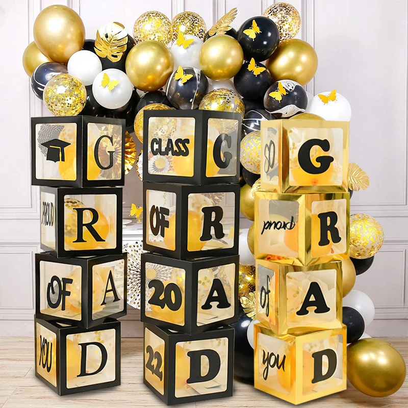 

2022 Graduation Party Decoration 4 Pack Black Gold Balloon Box Proud Of You Class Celebrate Graduation Clear Boxes Decor