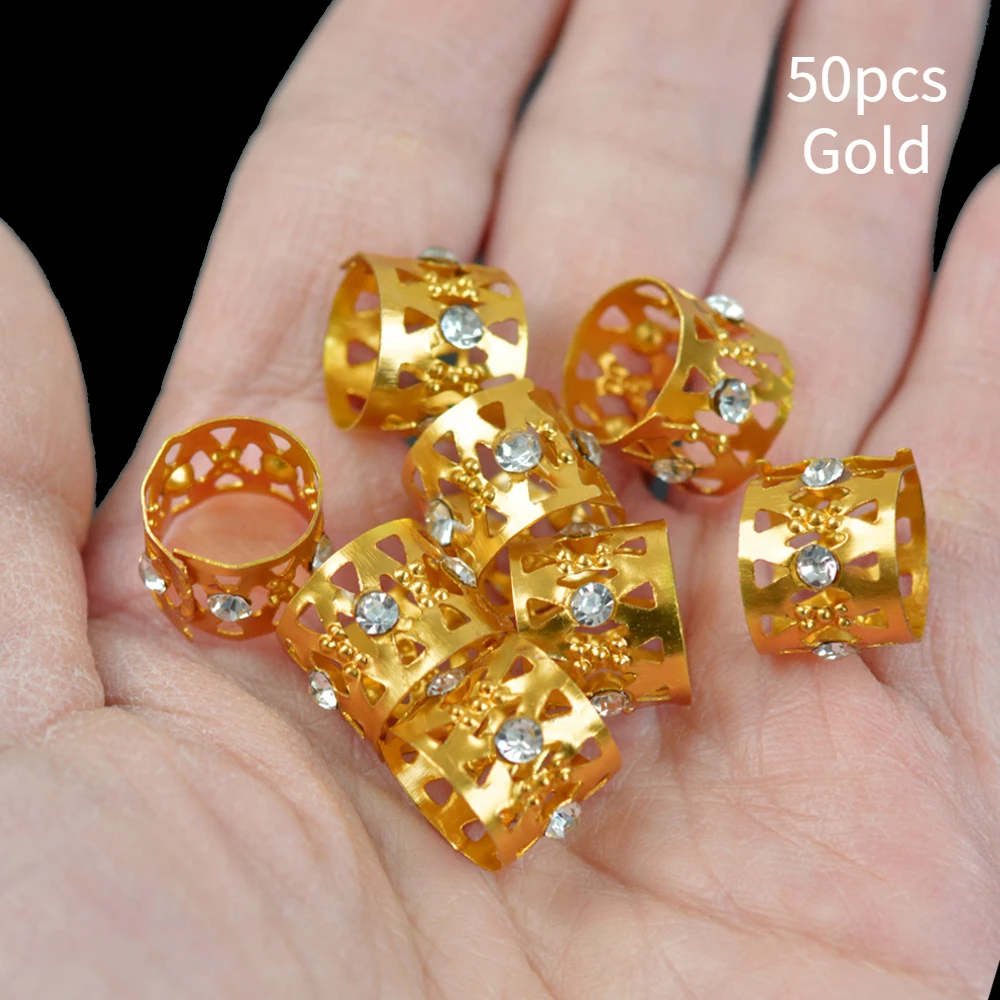 

50pcs/lot Adjustable Braid Cuffs Clip Gold Rhinestone Hair Dread Braids Dreadlock Beads Hair Extension Hair Styling Tool Jewelry
