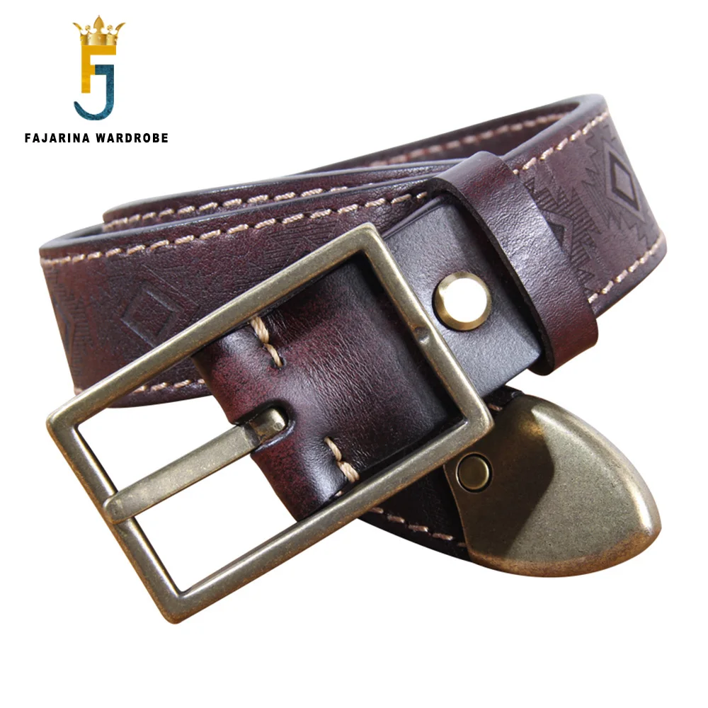 FAJARINA Double Sided Mens Leather Denim Top Layer Cow Skin Pants Belt Copper Buckle Male Thickened Pure Cowhide Belts N17FJ1200