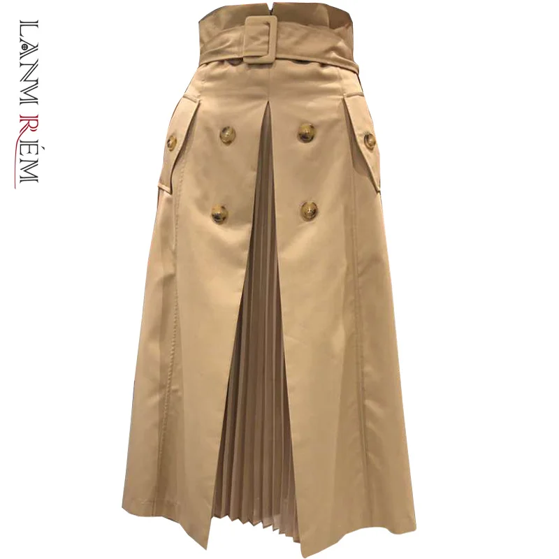 

LANMREM Korea Women's New 2022 Autumn High Waist A-Line Khaki Skirt Pleated Splicing Skirts Female Fashion 2C2125