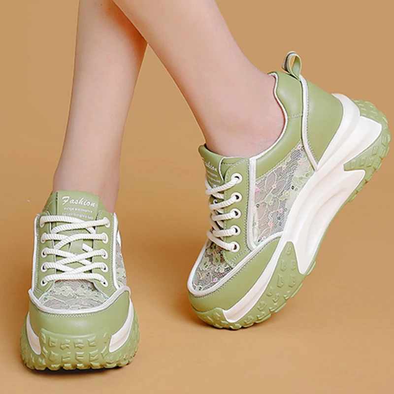 Chunky Air Mesh Breathable Sneakers Fashion Genuine Leather Women Vulcanize New Female Summer Comfy Lace Up Fashion Ladies Shoes