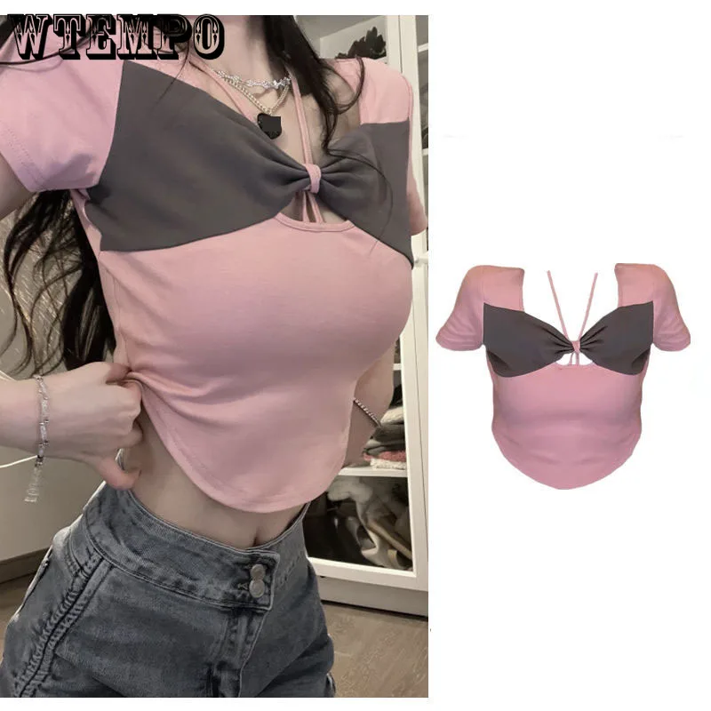 

Y2k Pink Mixed Colors Bow Crop Top Sweet Cute Women Short T-shirt Slim Sexy Hottie Preppy Style Korean Fashion Summer Wholesale
