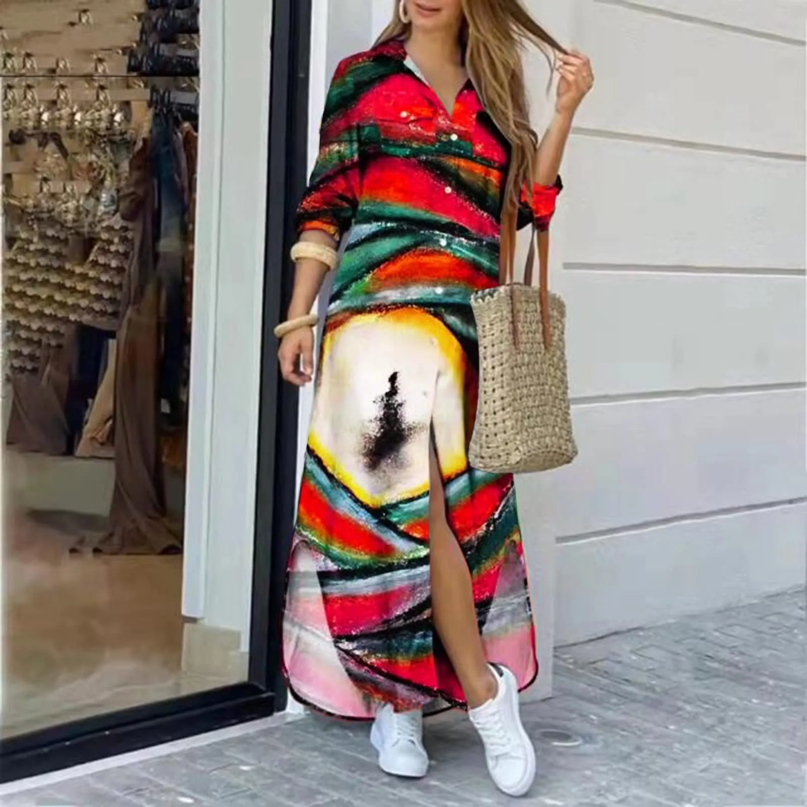 

Женское длинное платье с принтом, повседневное свободное пикантное Платье макси с длинным рукавом, карманами, на пуговицах, в богемном стил...