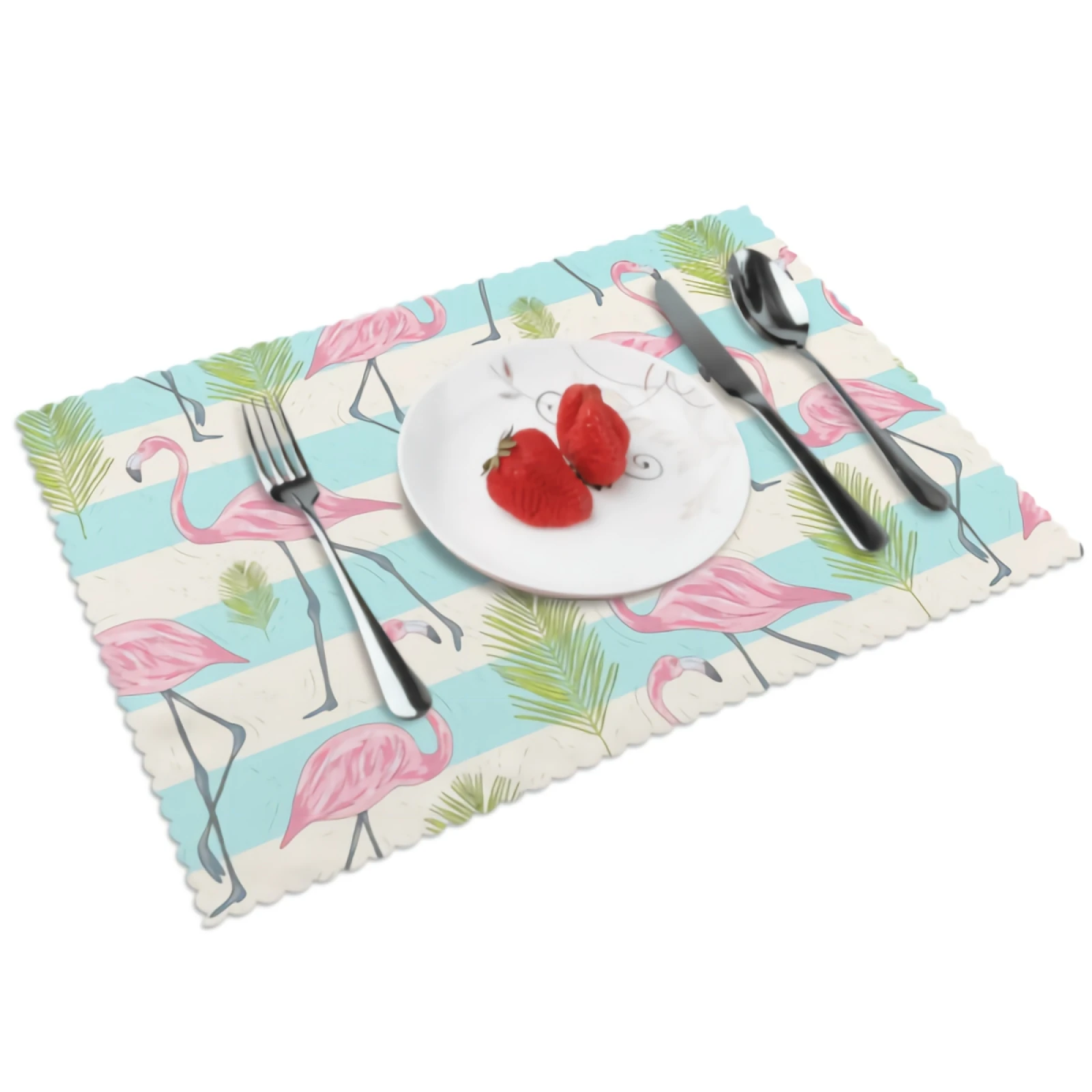 

Cute Flamingo Placemats Tropical Leaves Blue Striped Background Placemat Set of 4 Heat-Resisting Non Slip Table Mats