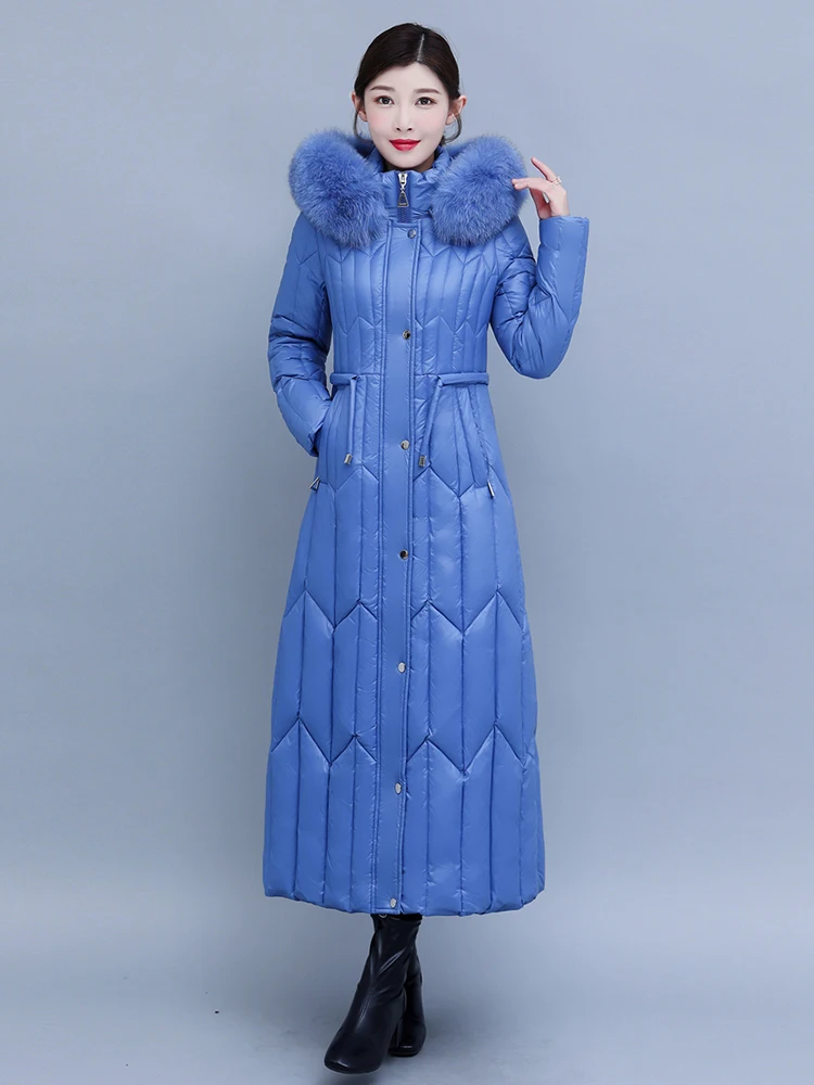 New Women Winter Thicken Keep Warm Down Doat Fashion Real Fox Fur Collar Lengthened Dress-style Down Jacket Slim Hooded Overcoat