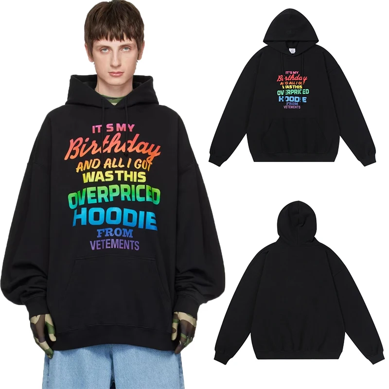 

23FW Black Streetwear VTM Pullover Hoodies Men Women 1:1 Colorful Letter Birthday Print Logo Loose Vetements Hooded Sweatshirts