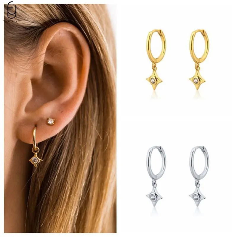 

925 Sterling Silver Needle Zircon Stars Huggie Hoops Earrings For Women Femme Pendientes Cross Jewelry Accessories Gift Man
