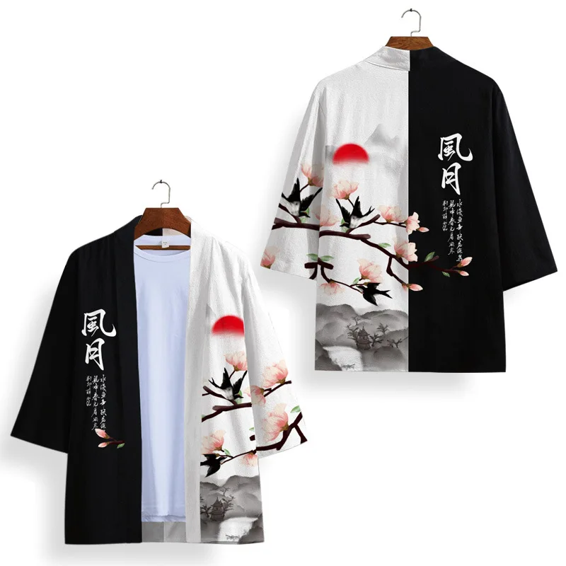 Kimono blanco y negro Cosplay Samurai Haori Obi para hombre y mujer, cárdigan de playa, traje Yukata, ropa de calle japonesa, ropa tradicional