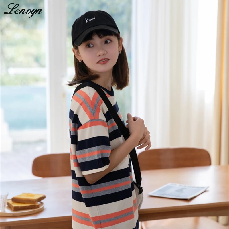 

Женские футболки Lenoyn в полоску, розовая и синяя туника, укороченные топы, Лидер продаж, облегающая шикарная популярная футболка с коротким р...