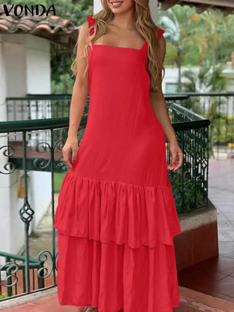 

2022 VONDA Bohemian Long Dress Women Summer Party Dresses Holiday Beach Sundress Casual Solid Pleated Ruffled Maxi Vestidos Robe
